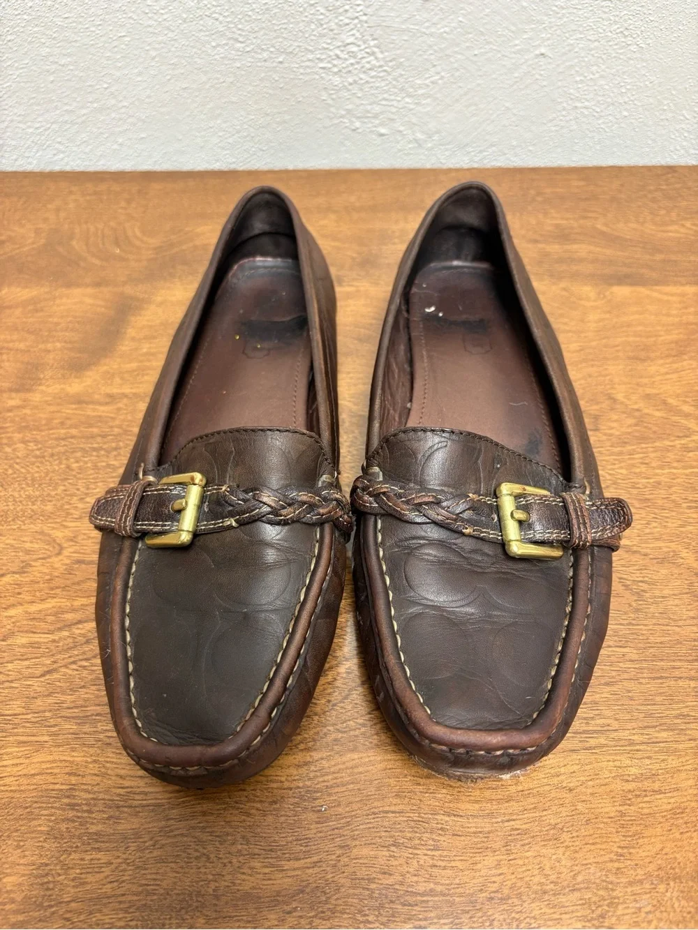 Coach Brown Leather Driving Loafers with Brass Buckle *Flaw